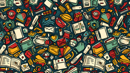 Colorful illustration of various school and office supplies scattered across a dark background (1)