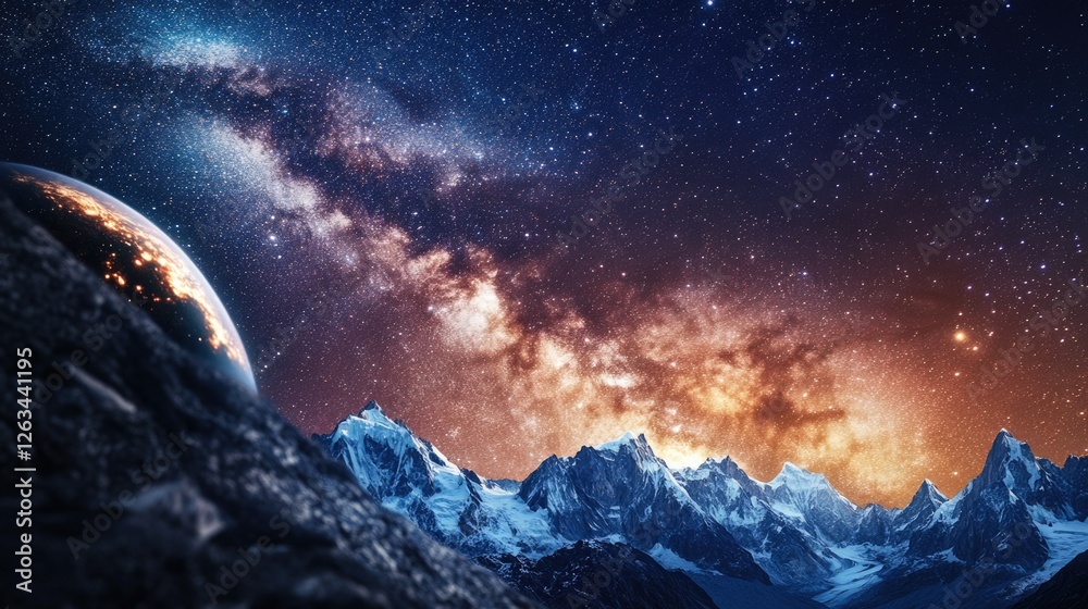Poster a mountain range landscape with a planet in the foreground, great for space or nature themed project