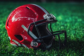 Fototapeta premium A red football helmet sits on a lush green field, great for sports or outdoor themes
