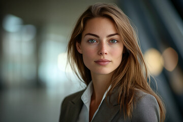Fototapeta premium Generative AI portrait of a confident businesswoman in professional office attire illuminated by warm light