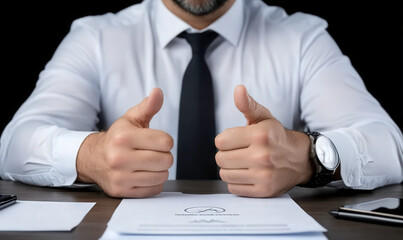 Obraz premium Businessman in White Shirt Giving Thumbs Up Gesture with Paperwork on Table Representing Success, Approval, and Professionalism in Office Environment