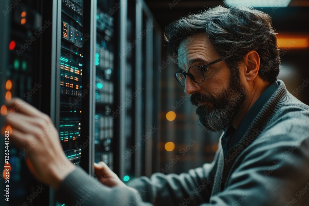 Poster a person in glasses inspecting a server, suitable for it or technology-related use