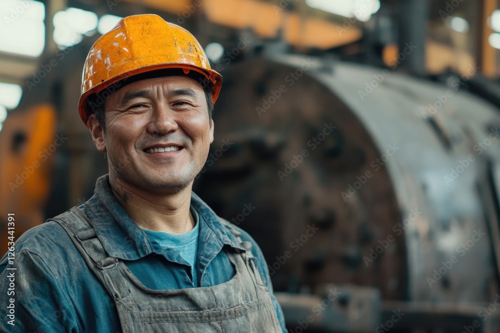 Poster a person in a hard hat standing beside a large industrial machine, suitable for use in images about 
