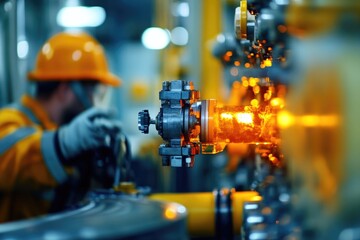 Fototapeta premium A worker in a hard hat is focused on repairing a machine