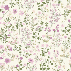 A delicate floral illustration featuring small, whimsical wildflowers like baby&acirc;&euro;&trade;s breath, lavender, and primroses. The design evokes a peaceful, country garden feel with soft pinks, greens, and