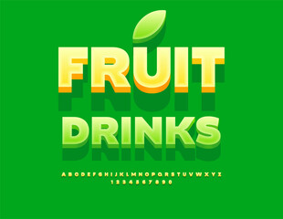 Vector Healthy template Fruit Drinks. Green 3D Font. Decorative Alphabet Letters and Numbers set.