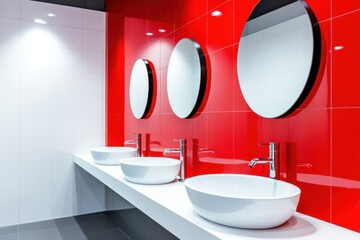 High-contrast bathroom featuring modern design with white walls and bold red accents, showcasing sleek black fixtures for urban appeal