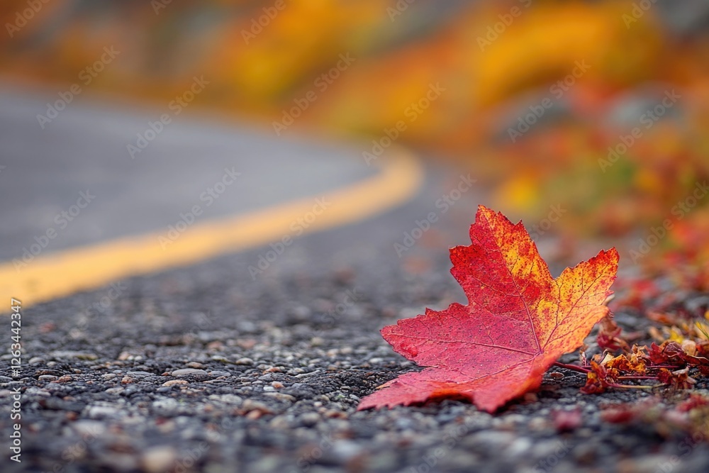 Poster a single red leaf lying on the side of a road, perhaps fallen from a nearby tree
