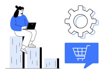 Female character working on a laptop while sitting on ascending graph bars, alongside gear and shopping cart icons. Ideal for concepts of e-commerce, data analysis, growth, productivity, technology