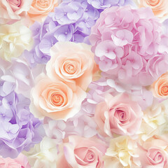 A dreamy floral illustration with soft watercolor roses, hydrangeas, and peonies in gentle pastel colors like pink, peach, and lavender. The design feels romantic and serene, perfect for wedding