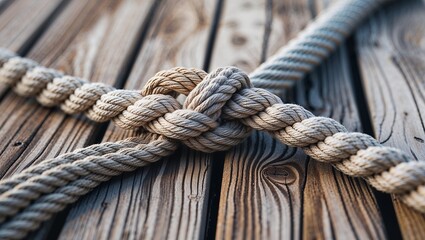Obraz premium Close-Up of a Sturdy Nautical Knot on Weathered Wooden Planks, Symbolizing Strength and Maritime Tradition