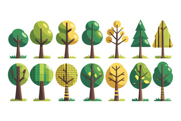 Trees set in Scandinavian kids style.Flat Vector Trees for Design elements with leaves, branches and trunks. Doodle naive forest plants. Diverse Set of Stylized Tree Illustrations in Flat Vector Style