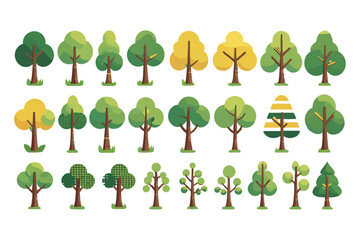 Trees set in Scandinavian kids style.Flat Vector Trees for Design elements with leaves, branches and trunks. Doodle naive forest plants. Diverse Set of Stylized Tree Illustrations in Flat Vector Style