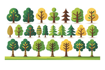 Trees set in Scandinavian kids style.Flat Vector Trees for Design elements with leaves, branches and trunks. Doodle naive forest plants. Diverse Set of Stylized Tree Illustrations in Flat Vector Style