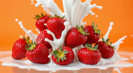 Juicy strawberries splashed with fresh cream on a bright background. Vibrant and dynamic composition perfect for advertising and culinary themes.
