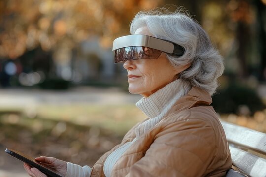 Senior woman in a park using augmented reality glasses and tablet.