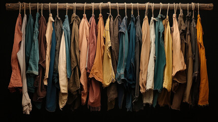 Colorful shirts hanging on a clothesline, showcasing vibrant fashion choices.
