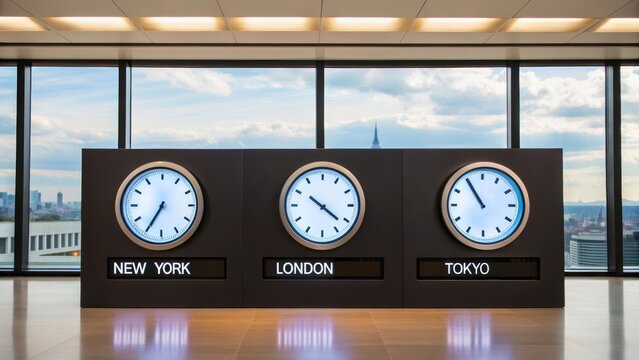 Global Time Zone Clocks in Modern Office Space with City Names Displayed