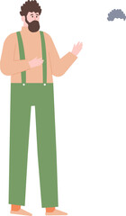 Full length vector illustration of a bearded man in suspenders gesturing with his hand, isolated on a white background for presentation and communication concepts