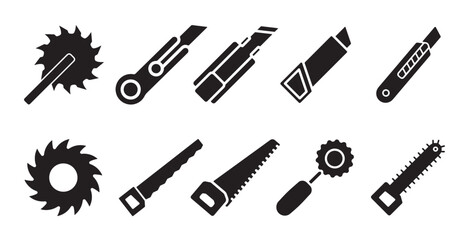  Collection of Ten Cutting Tool Icons in Silhouette Style, Featuring Circular Saws, Utility Knives, and Hand Saws for Construction, DIY, and Workshop Use, Isolated on a White Background