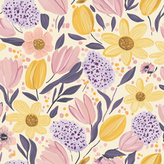 A charming, whimsical floral illustration with hand-drawn daisies, tulips, and hydrangeas in soft pastels of pink, yellow, and purple. The playful design is perfect for creating a lighthearted and
