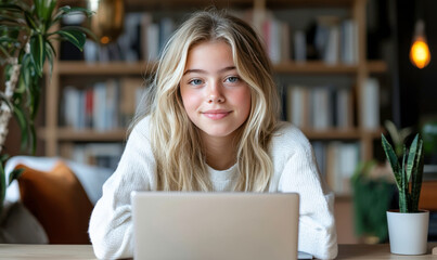 Young girl with long hair smiling while working on laptop in cozy indoor setting with bookcase and plants in the background