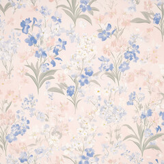 A soft, pastel floral illustration with small, delicate flowers like lily of the valley, violets, and daisies in pale pink, blue, and lavender. The muted hues evoke a peaceful, calm atmosphere.