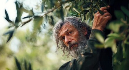 A mature Italian farmer picks olives from a tree in a sun-drenched grove, demonstrating a peaceful rural lifestyle with an emphasis on sustainability and traditional farming.