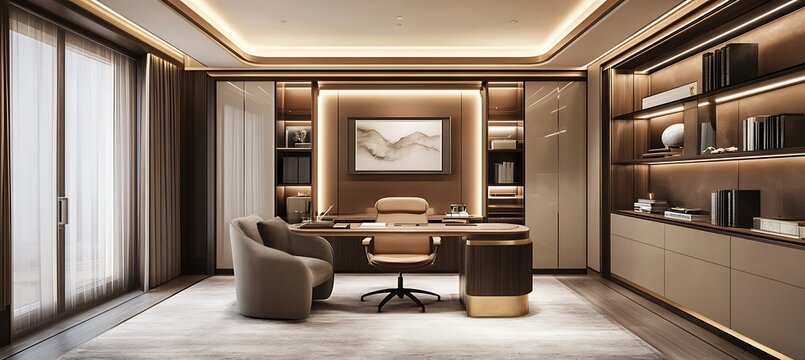 A modern and functional home office with a clean design, ergonomic chair, and ample storage