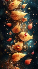 Close-up of Vibrant Orange Leaves with Glowing Orbs and Flowers in a Dark Fantasy Landscape