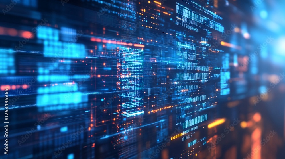 Poster abstract digital data stream visualization: blue and orange binary code flowing through cyberspace