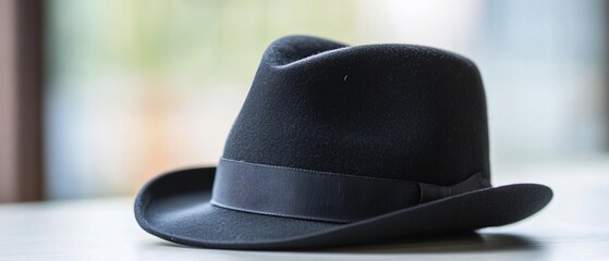 Dark fedora hat on table, blurred background, indoor setting. Lifestyle image