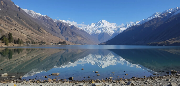 The tranquil Deoria Tal Lake, nestled in the mountains of Uttarakhand, with a perfect reflection of the surrounding snow-capped peaks in the clear waters.