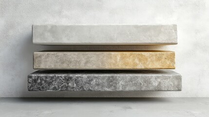 Minimalist concrete shelf with neutral packaging box mockups on white background