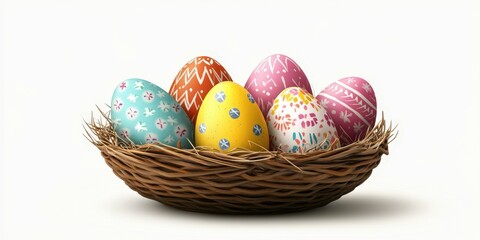 Colorful hand-painted Easter eggs nestled in a woven basket amidst a bright background