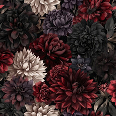 A dramatic floral illustration with large, dark blooms like black roses, dahlias, and chrysanthemums in shades of deep red, plum, and charcoal. The rich colors and bold design exude mystery and
