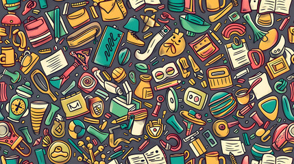 Naklejka premium Colorful flat lay of various everyday objects and tools scattered on a textured background, showcasing a vibrant assortment