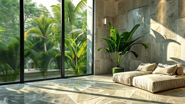 empty white wall studio room with green pot plant , modern white clean product showcase background with nature light	
