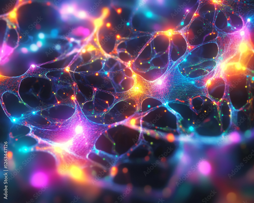 Poster Abstract close-up of colorful glowing neural network cells with vibrant neon lights, symbolizing data, connection, and the digital brain, representing artificial intelligence or innovation.