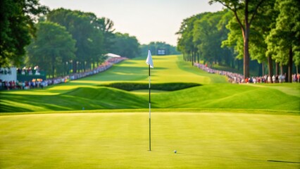 Fototapeta premium Scenic Golf Course with Flag and Inviting Green Landscape in Soft Natural Light