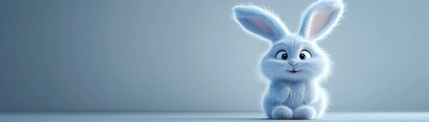 3d Bunny Animation Cartoon Cute Smiling Fluffy Ears Blue Background Copy Space Happy Easter Greeting Card