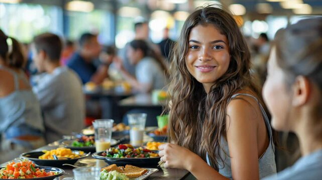 Students enjoy lunch together in a vibrant dining hall filled with food and lively conversation