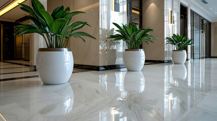 Modern lobby plants, marble floor, building interior