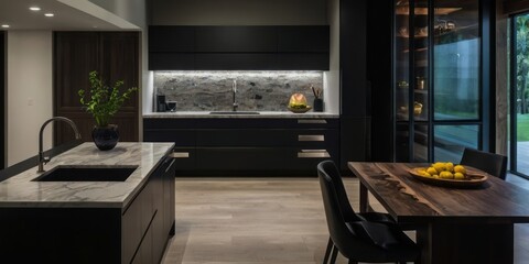 Modern Dark Kitchen Island and Dining Area Design