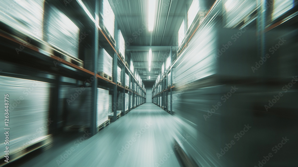 Aufkleber blurry view of a warehouse aisle with metal shelves filled with boxes, creating a sense of motion, s