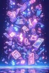 Futuristic digital finance concept with glowing money, coins, and financial symbols floating in cyberspace, representing virtual economy and financial technology