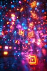 Futuristic glowing digital icons floating in a vibrant cyber space, symbolizing technology, social media, streaming, and online finance