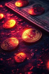 Glowing Bitcoin coins and a dollar bill on a dark futuristic surface, symbolizing cryptocurrency, digital finance, and the evolution of money