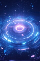 Futuristic glowing digital interface with a circular holographic design, symbolizing advanced technology, artificial intelligence, and data networks