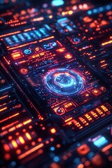 Futuristic high-tech circuit board with glowing neon interfaces, symbolizing artificial intelligence, digital innovation, and advanced computing